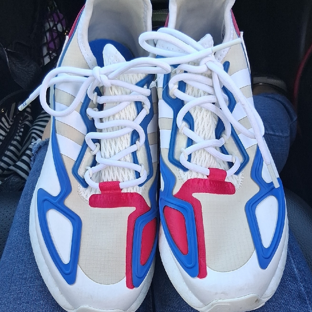 Adidas White Sneakers with Blue and Red Accents